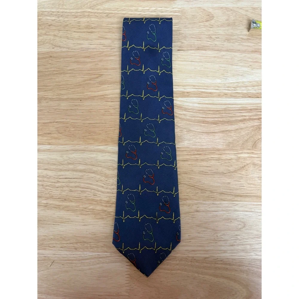 Avery Medical Fashions Silk Tie Navy Blue Stethoscope EKG Heartbeat USA Made